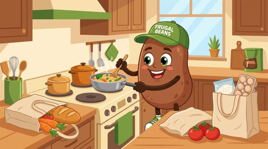 Bo cooks a simple pasta dinner at home next to bags of groceries