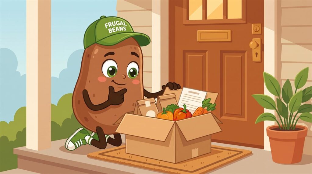 Are meal delivery services worth it: Bo the Frugal Beans mascot unpacks a meal kit box on the front porch