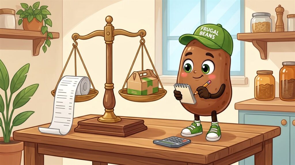 Bo compares a grocery receipt and a meal delivery box on a balance scale to check meal kit cost