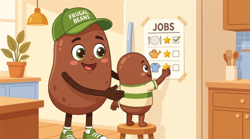 Bo helps a child add a gold star to a jobs chart on the fridge to earn pocket money