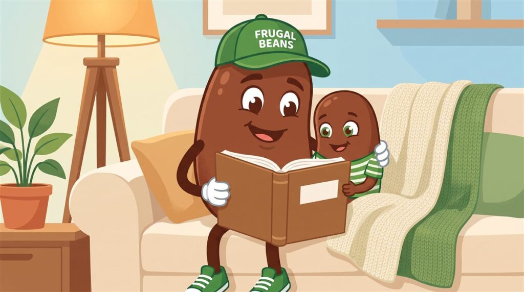 Bo reads a book on the couch with a young bean, talking about kids and money