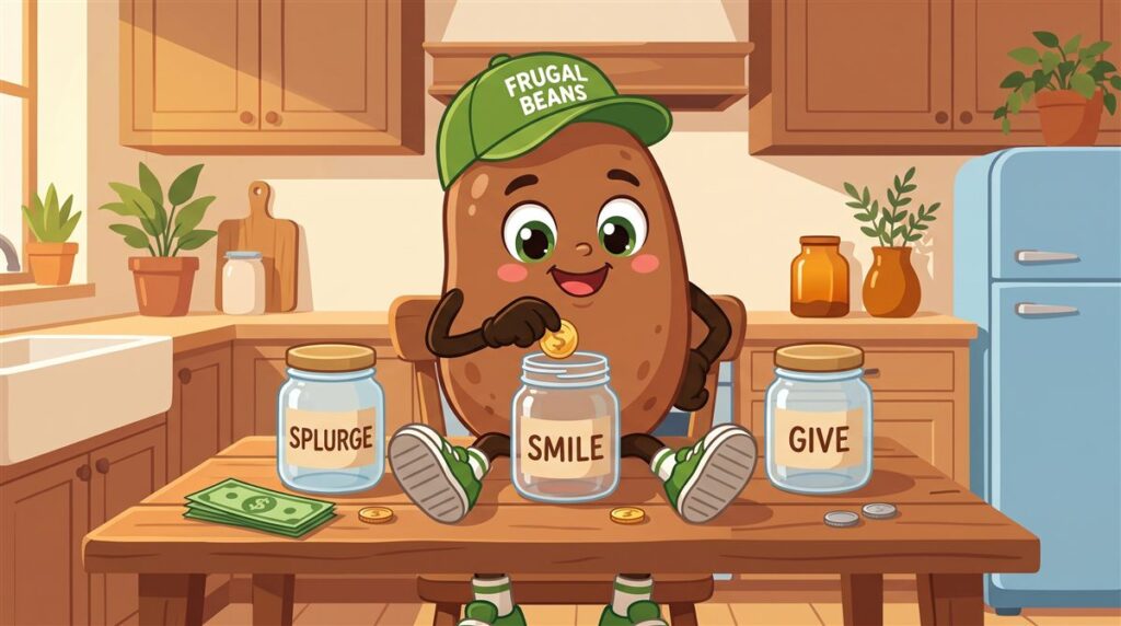 Barefoot Investor for Families review: Bo the Frugal Beans mascot drops a coin into Splurge, Smile and Give pocket money jars