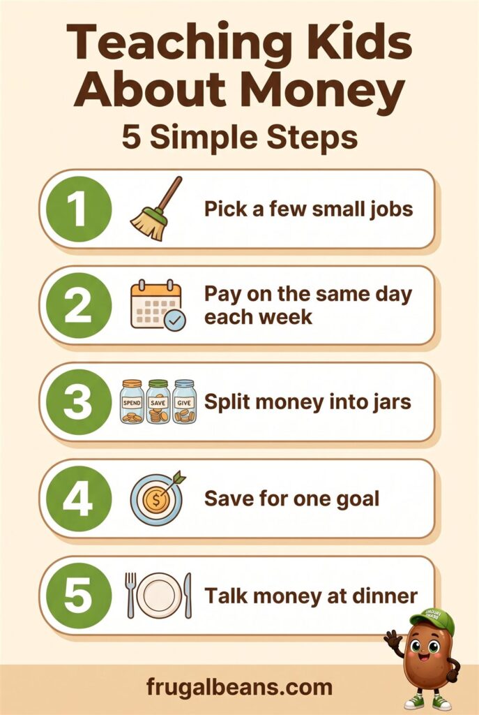 Infographic: teaching kids about money in 5 simple steps, from small jobs and a weekly payday to jars, saving goals and dinner talk