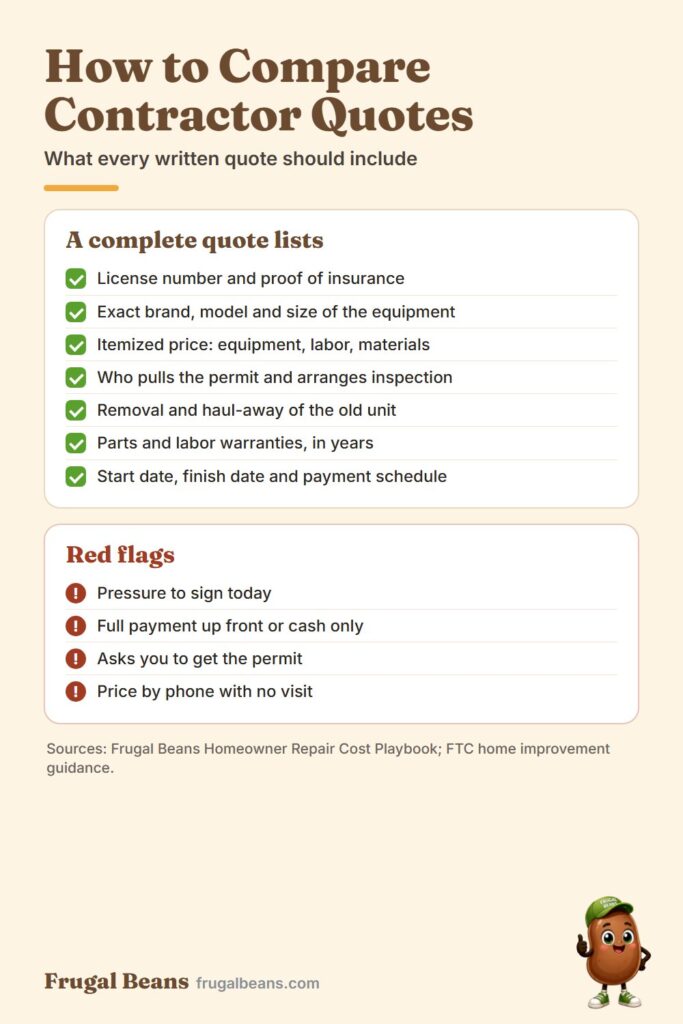 How to compare contractor quotes infographic: what every written quote should include and red flags to watch for