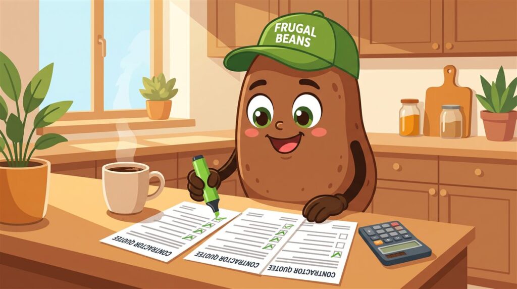 Bo highlights items on three printed quotes to compare contractor quotes side by side