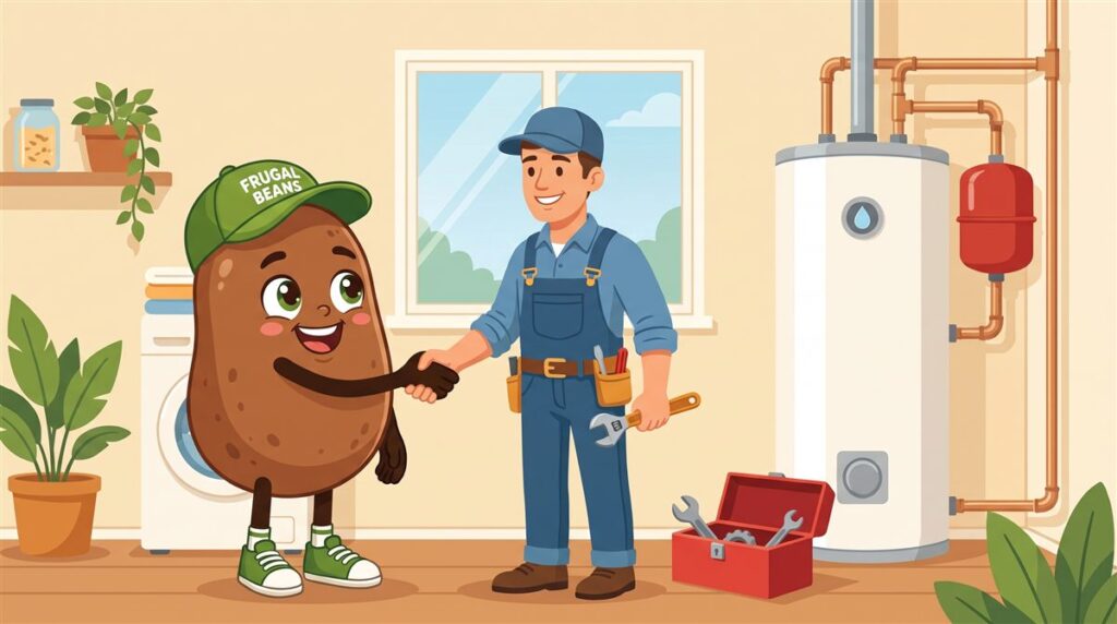 Bo shakes hands with a plumber beside a new tank water heater with an expansion tank, part of the water heater replacement cost