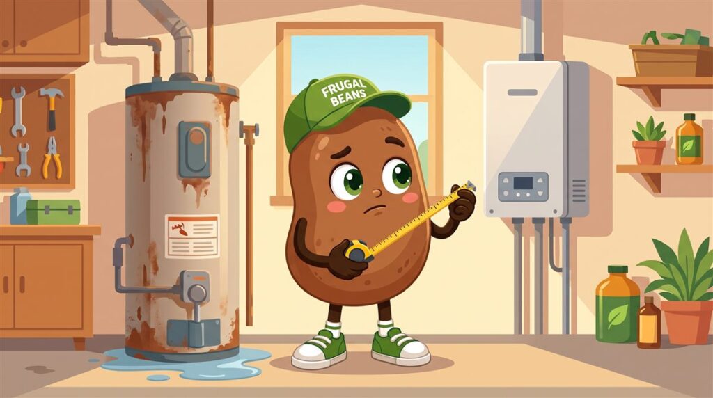 Bo measures the space between an old leaking tank and a tankless unit while weighing the tankless water heater cost