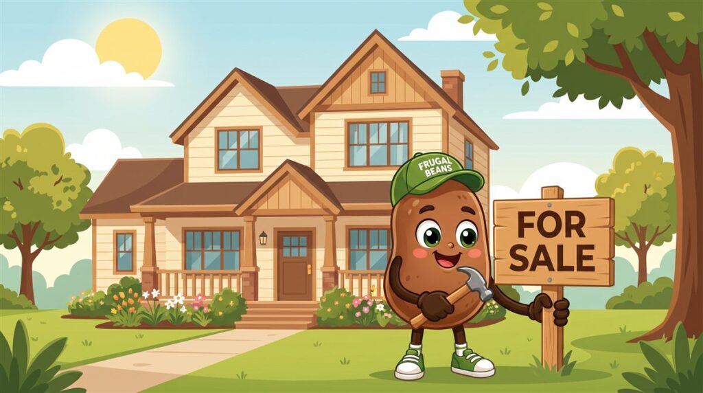 Costs of selling a house: Bo the Frugal Beans mascot puts up a For Sale sign in front of a two-story home