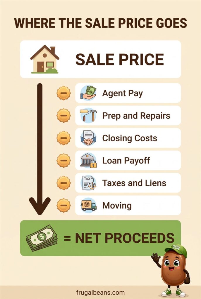Infographic: where the sale price goes, from sale price minus agent pay, prep and repairs, closing costs, loan payoff, taxes and liens, and moving to net proceeds