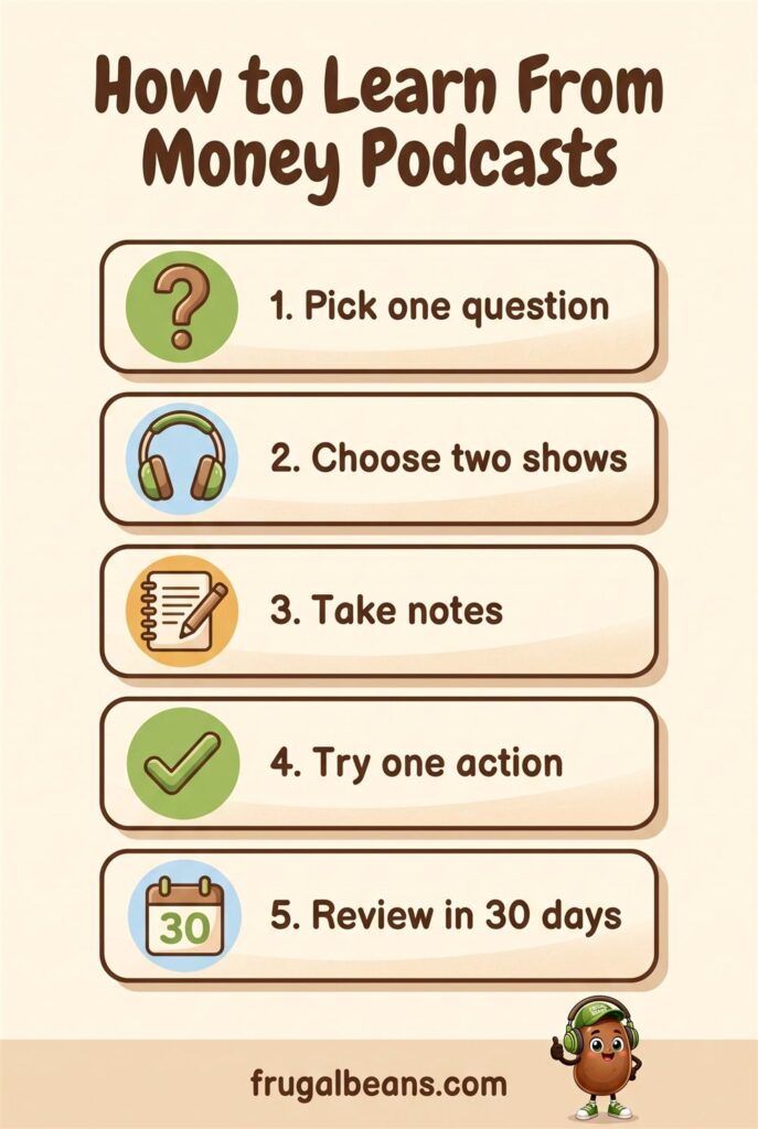 Infographic: how to learn from money podcasts in 5 steps, from picking one question to reviewing in 30 days