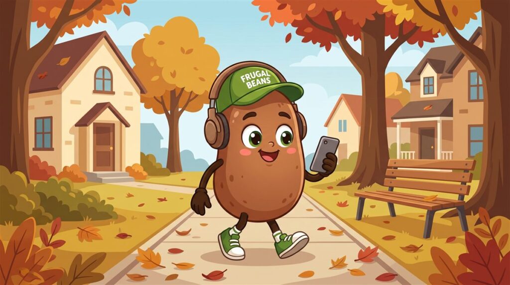 Financial independence podcasts: Bo the Frugal Beans mascot listens on headphones during an autumn walk