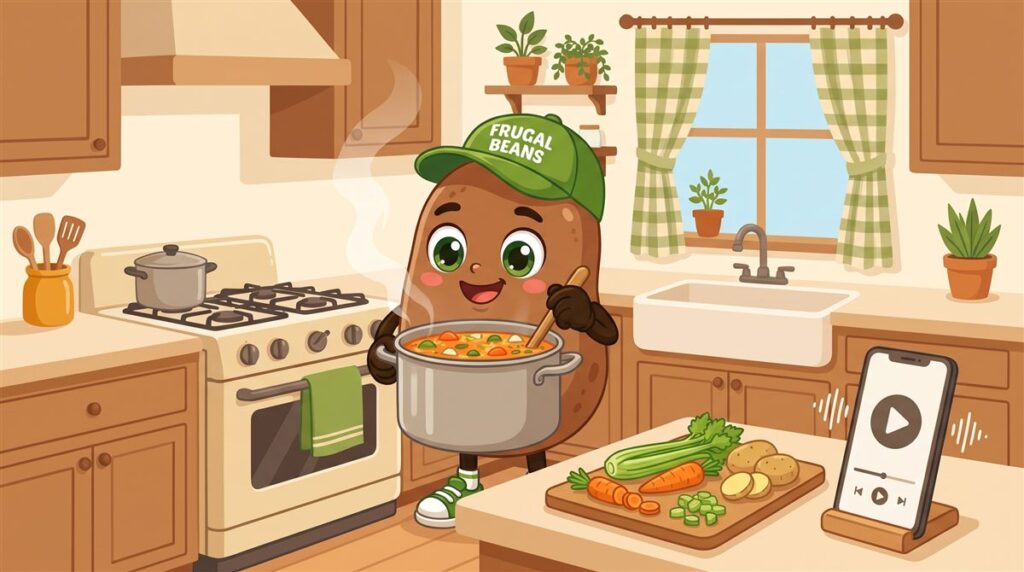 Bo stirs a pot of soup while a podcast plays on a phone in the kitchen