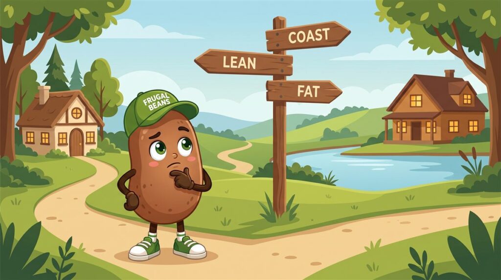 Bo stands at a signpost choosing between lean FIRE, coast FIRE and fat FIRE paths