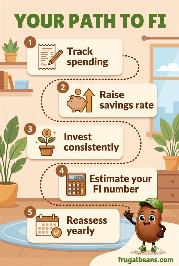 Infographic: your path to FI in 5 steps - track spending, raise savings rate, invest consistently, estimate your FI number, reassess yearly