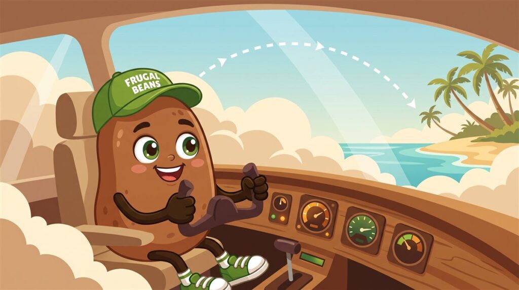 FIRE movement: Bo the Frugal Beans mascot pilots a plane along a flight path toward a beach, the financial independence destination