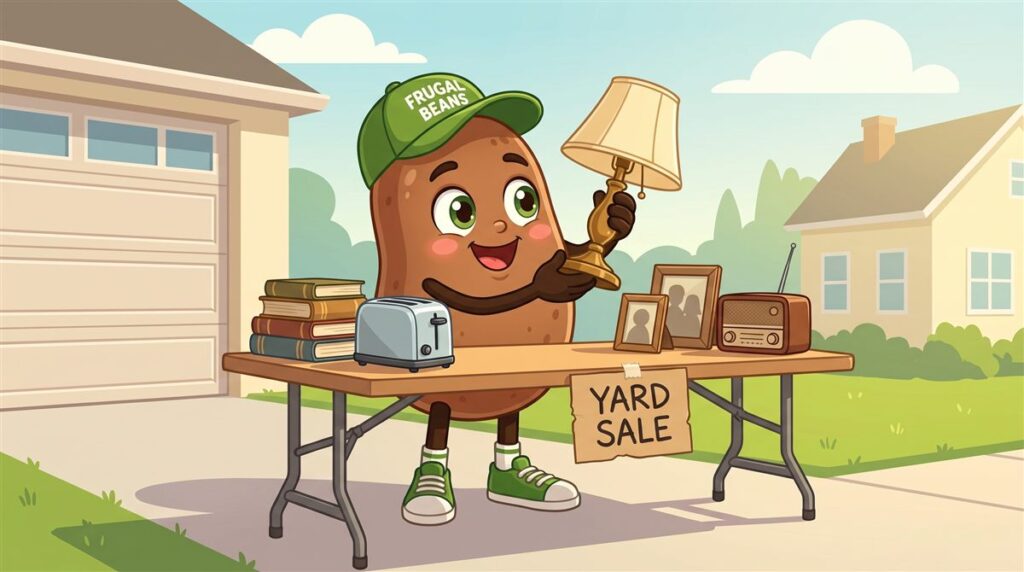Flipping for profit: Bo the Frugal Beans mascot holds up a vintage lamp at a yard sale table