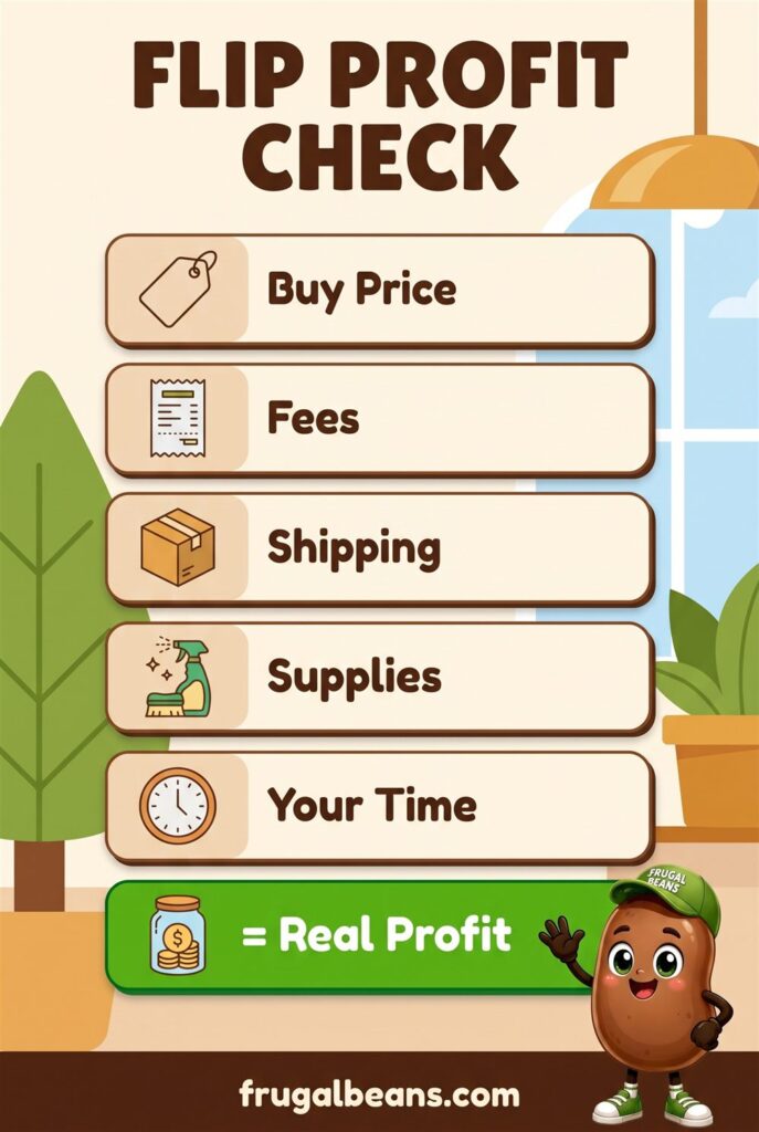 Infographic: Flip Profit Check, subtracting buy price, fees, shipping, supplies and your time to find real profit