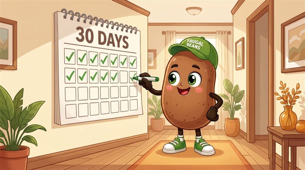 Bo checks off days on a 30-day wall calendar while building new money habits