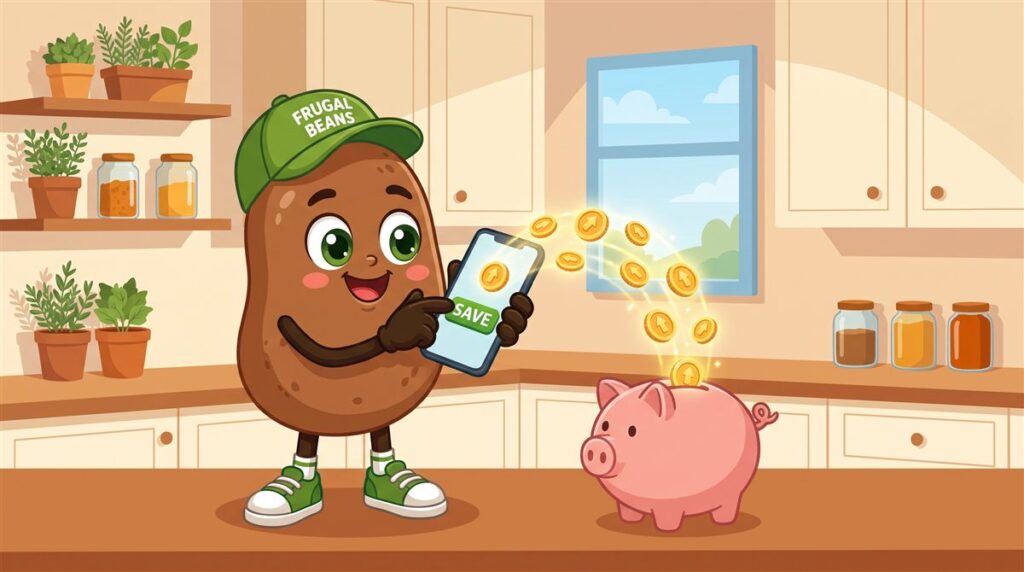 Bo sets up an automatic savings transfer on his phone, sending coins into a piggy bank