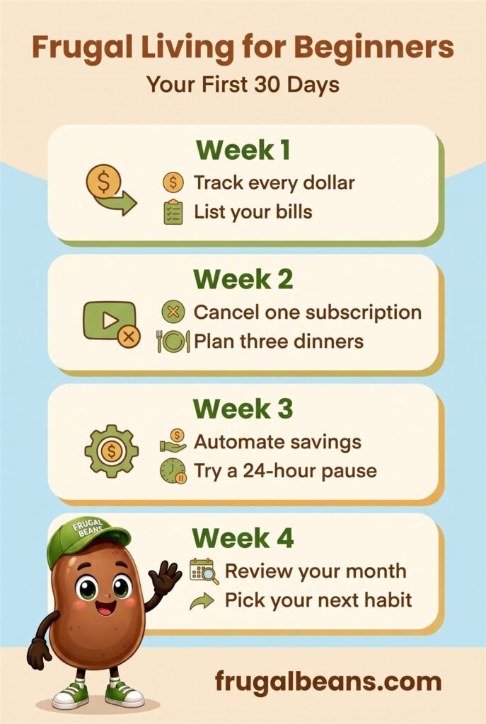 Infographic: frugal living for beginners, your first 30 days, with two simple money actions for each of four weeks
