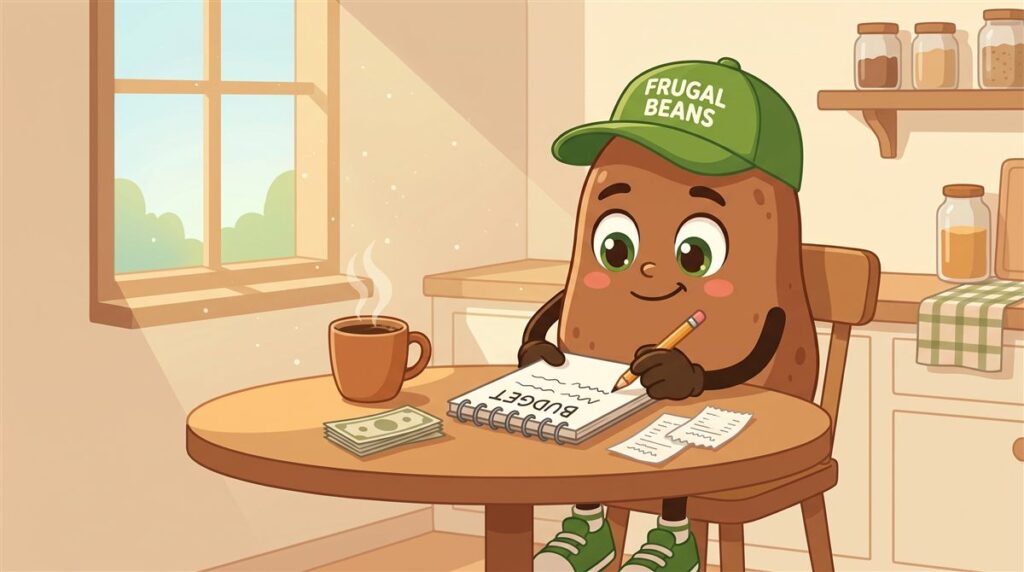 Frugal living for beginners: Bo the Frugal Beans mascot writes his first budget in a notebook at the kitchen table