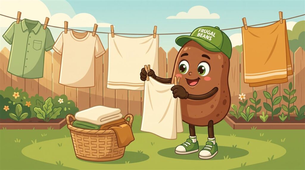 Frugal living tips: Bo the Frugal Beans mascot hangs laundry on an outdoor clothesline to air-dry