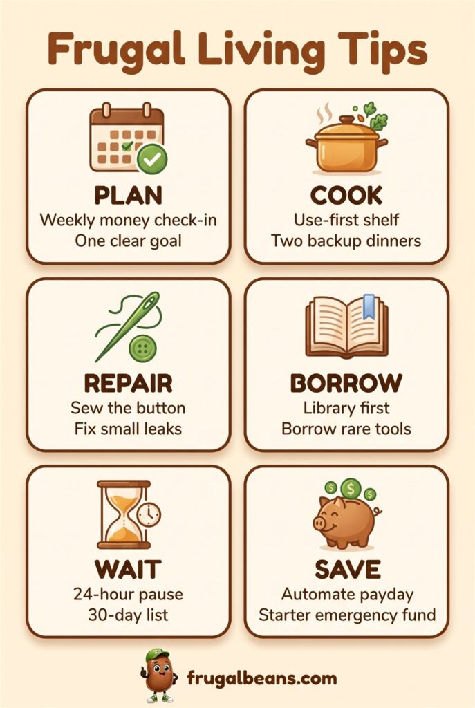 Infographic: frugal living tips in six themes - plan, cook, repair, borrow, wait and save - with two habits each