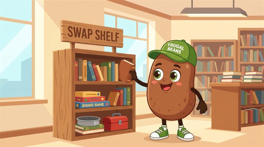 Bo borrows a book from a library swap shelf stocked with games, a cake pan and a toolbox