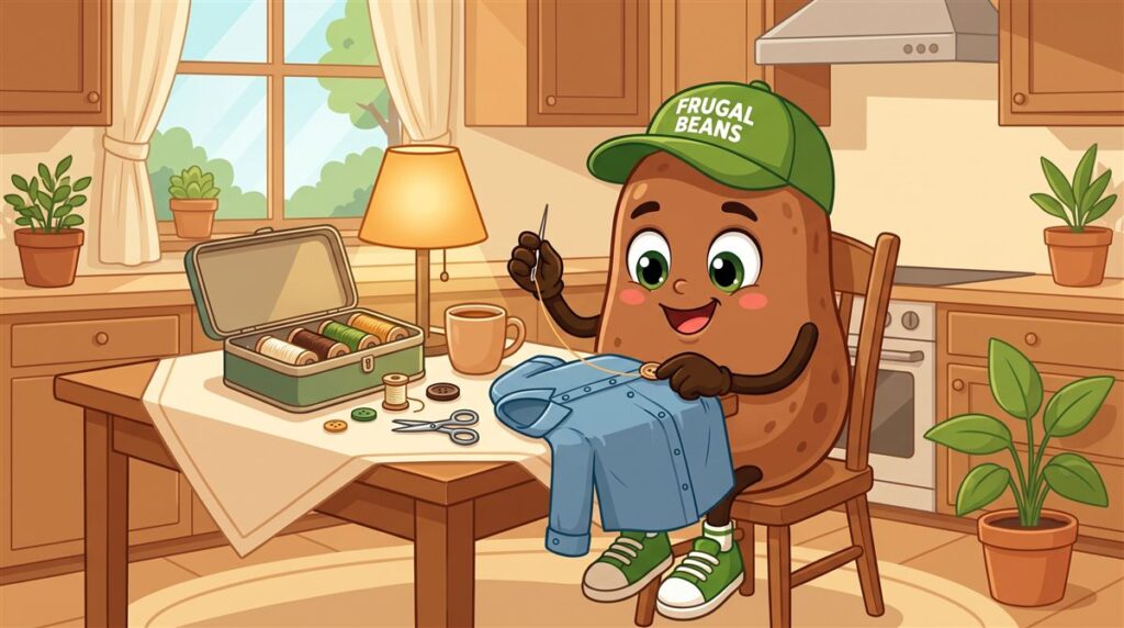 Bo sews a button back onto a shirt at the kitchen table instead of buying a new one