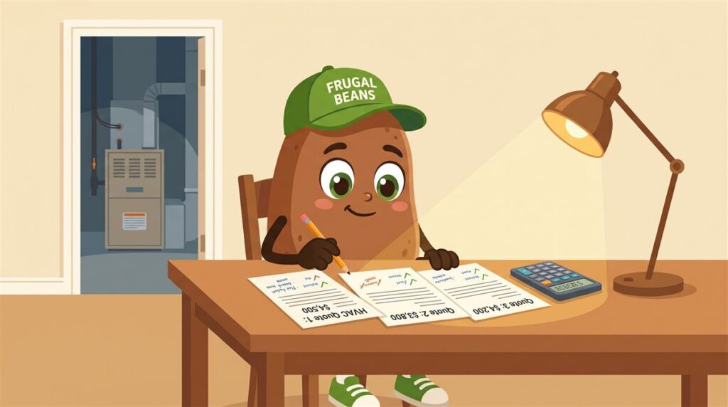 Bo compares three furnace replacement cost quotes at the kitchen table