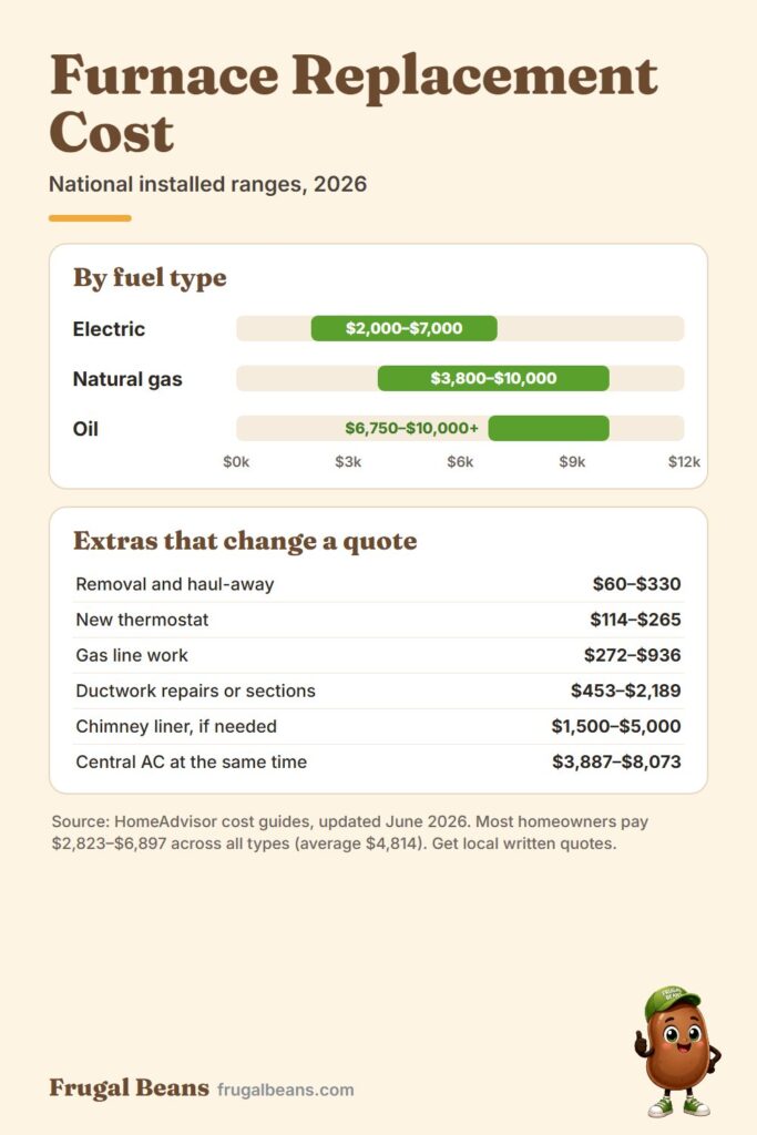Furnace replacement cost infographic: national ranges for electric, gas and oil furnaces and common extras