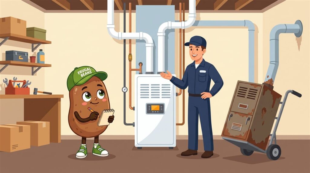 An HVAC technician shows Bo a new high-efficiency furnace, a key factor in furnace replacement cost