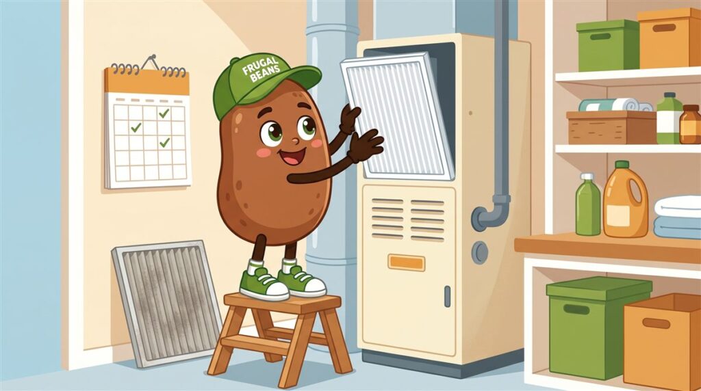 Bo the bean replaces a dirty furnace air filter, one of the monthly tasks on a home maintenance checklist