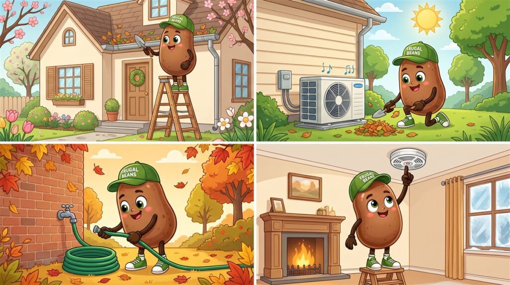 Seasonal home maintenance checklist: Bo cleans gutters in spring, clears the AC unit in summer, disconnects a hose in fall and tests a smoke alarm in winter