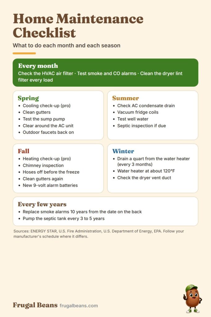 Home maintenance checklist infographic: monthly tasks, spring, summer, fall and winter jobs, and every-few-years jobs
