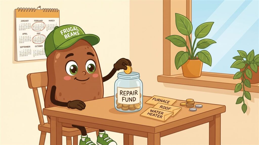 Bo adds a coin to his home repair fund jar beside envelopes for the furnace, roof and water heater