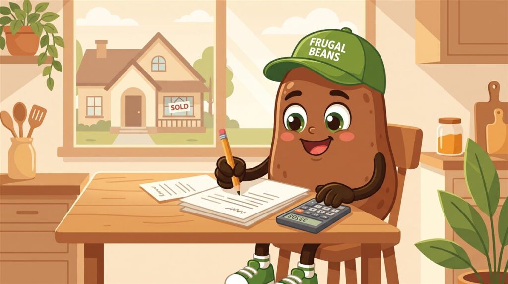 Bo the bean uses a home sale calculator at the kitchen table to work out net proceeds after selling a house