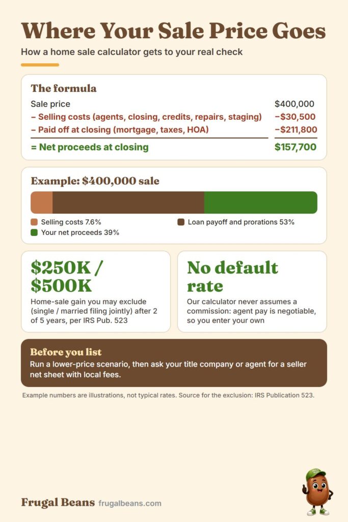 Home sale calculator infographic: sale price minus selling costs and loan payoff equals net proceeds, with a $400,000 example