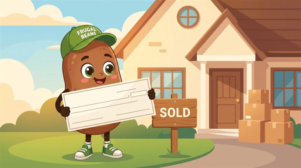 Bo holds the check from selling a house in front of a sold sign and moving boxes