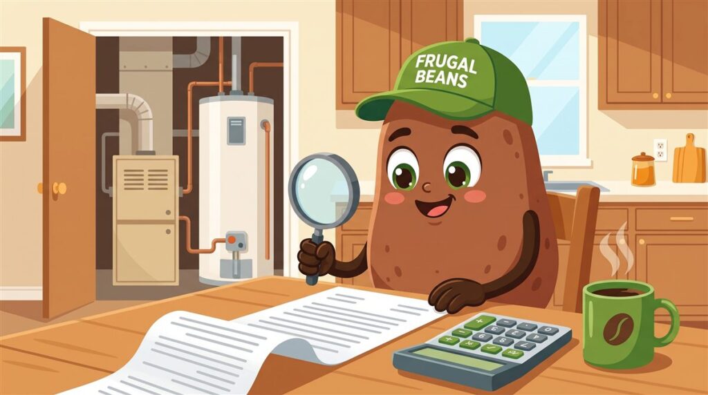 Bo the bean reading a home warranty contract with a magnifying glass to check the home warranty cost