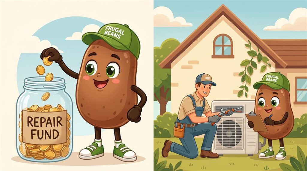 Bo saving coins in a repair fund jar next to a technician repairing an air conditioner