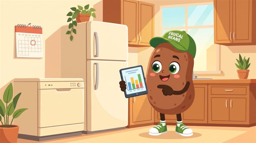 Bo using a home system lifespan tracker beside a refrigerator and dishwasher