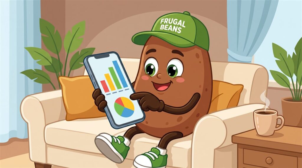 How to choose a budgeting app: Bo the Frugal Beans mascot checks simple spending bar charts on a phone