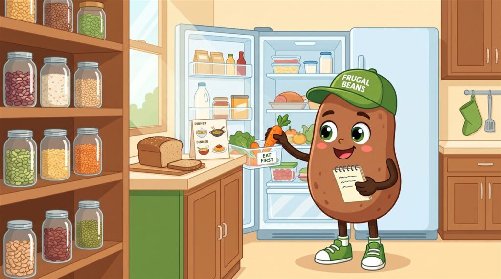 How to save money at home: Bo the Frugal Beans mascot puts a carrot in an eat first bin in the fridge