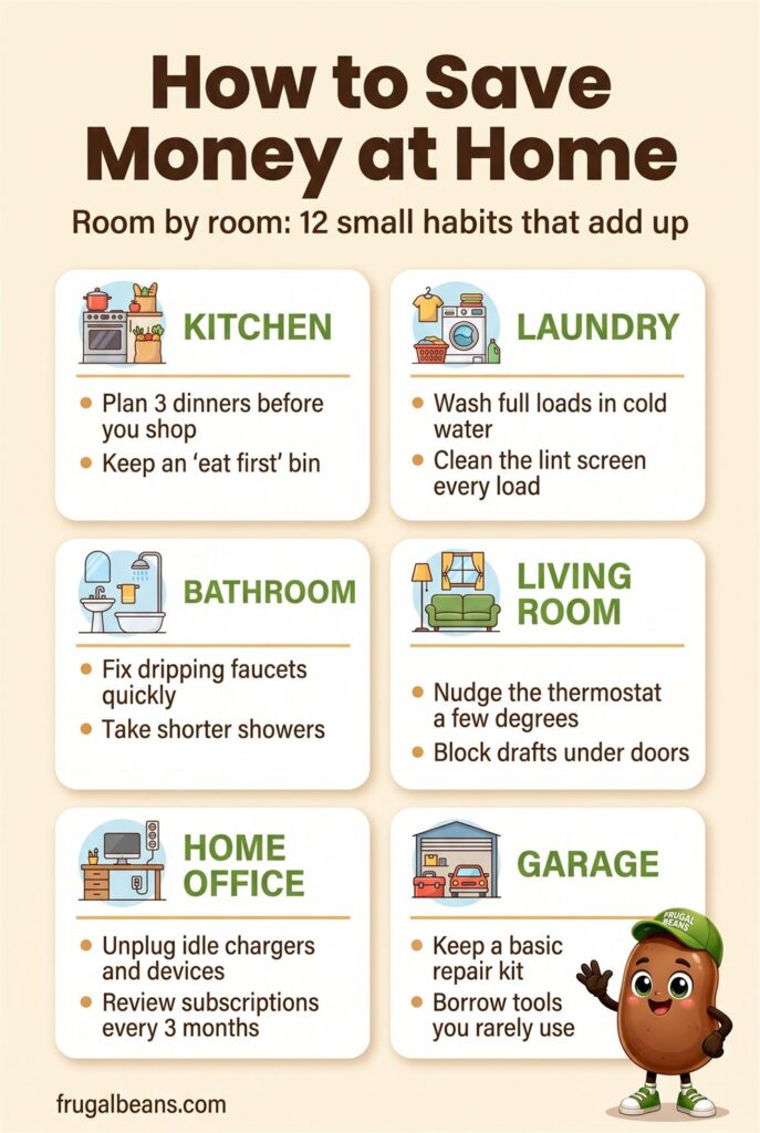 Infographic: how to save money at home room by room, with 12 small habits for the kitchen, laundry, bathroom, living room, home office and garage