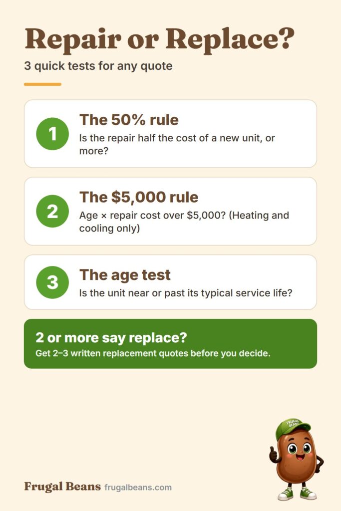 Repair or replace calculator infographic: the 50% rule, the $5,000 rule and the age test