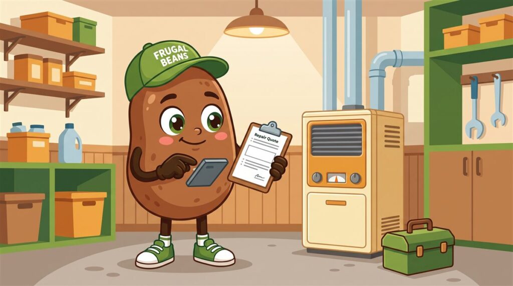 Bo the Frugal Beans mascot checks a furnace repair quote with a calculator before deciding to repair or replace