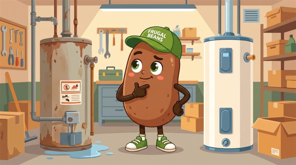Bo compares an old leaking water heater with a new one, a classic repair or replace decision