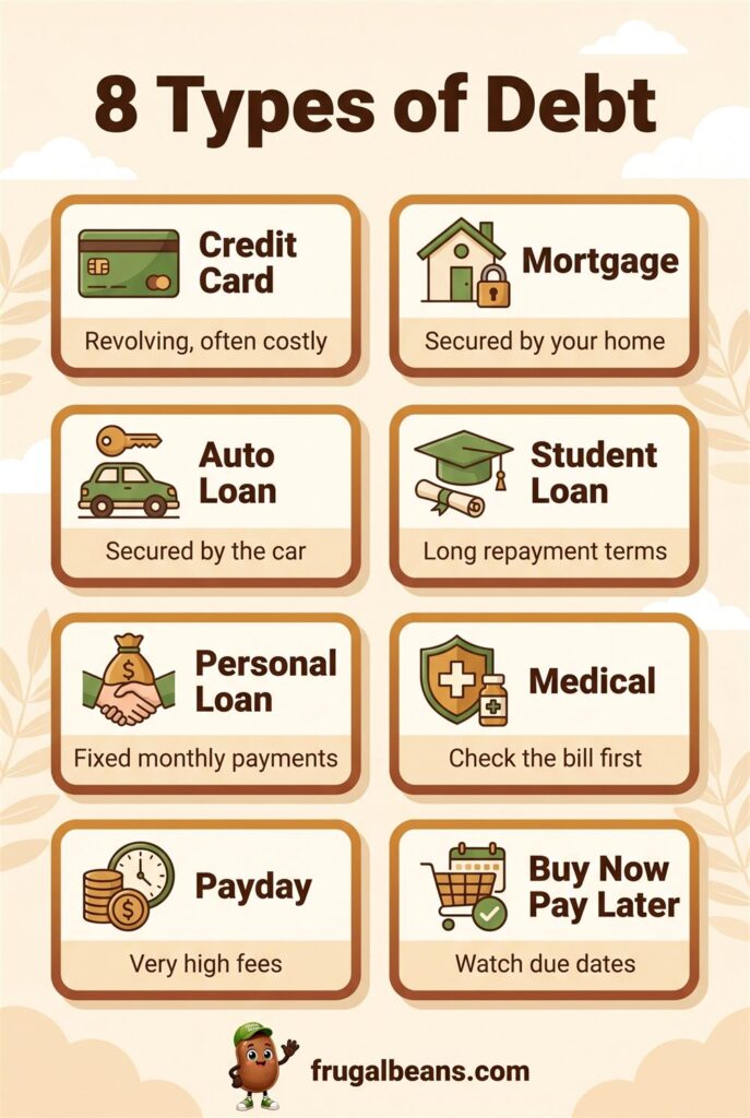 Infographic: 8 types of debt, from credit card and mortgage to payday loans and buy now pay later, with a short note on each