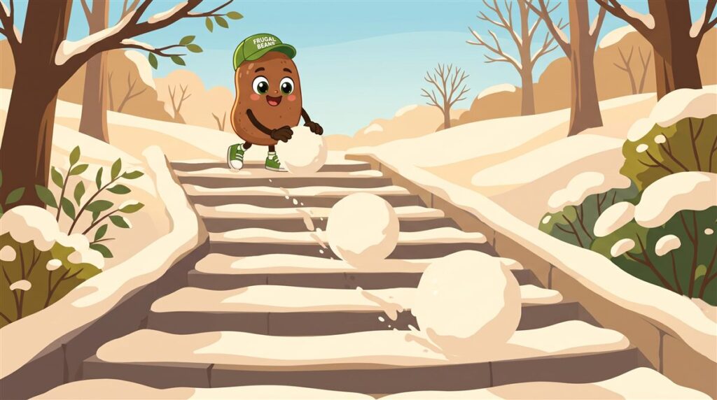 Bo rolls a growing snowball down snowy steps, showing the debt snowball payoff method